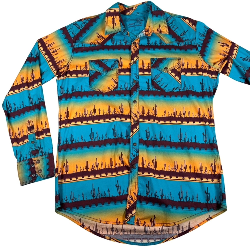 Wrangler 20X‎ Comp Men Large Tall LT Blue Cactus Western Snap Shirt MJC114M